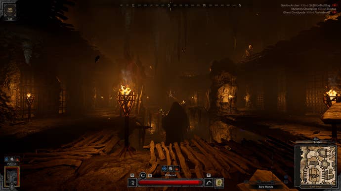 A screenshot of dark dungeon and some wooden platforms and burning braziers. There’s enemies out there, but where?