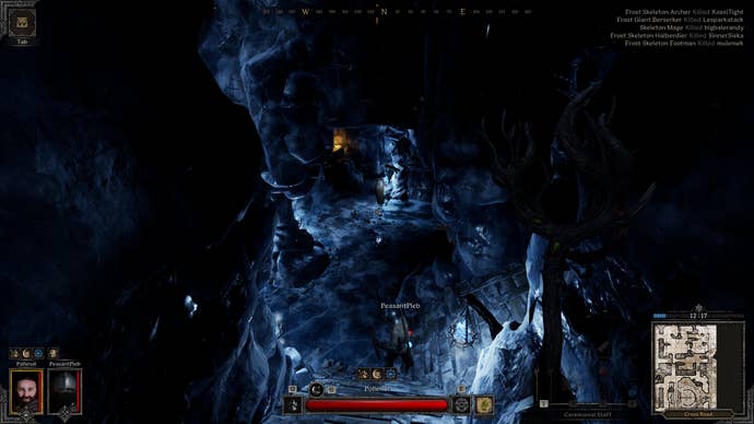 A dark and frozen corridor in Dark and Darker, in which a player - Bertie’s friend - stands.