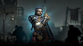A Darkest Dungeon 2 screenshot showing the new Duellist hero from its The Burning Blade DLC.