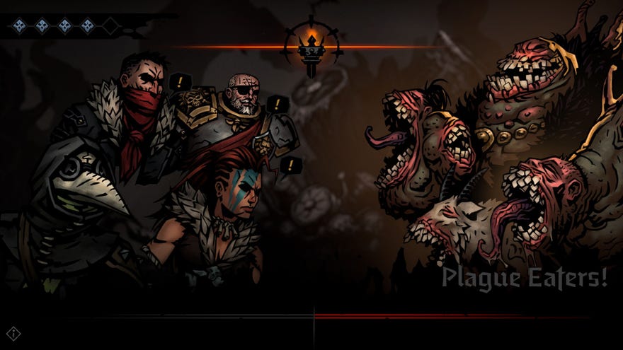 A band of adventurers face off against a swarm of monsters in Darkest Dungeon 2