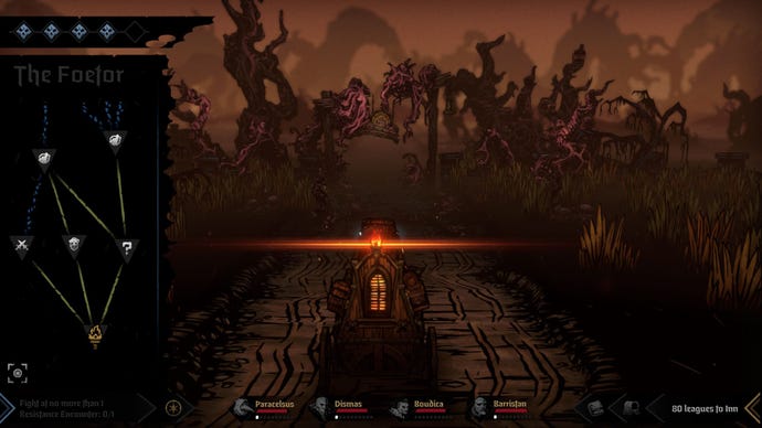 A stagecoach trundles down a road in Darkest Dungeon 2