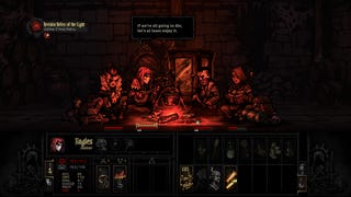 Adventurers gather round a camp fire in Darkest Dungeon