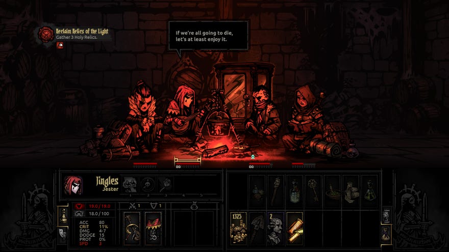 Adventurers gather round a camp fire in Darkest Dungeon
