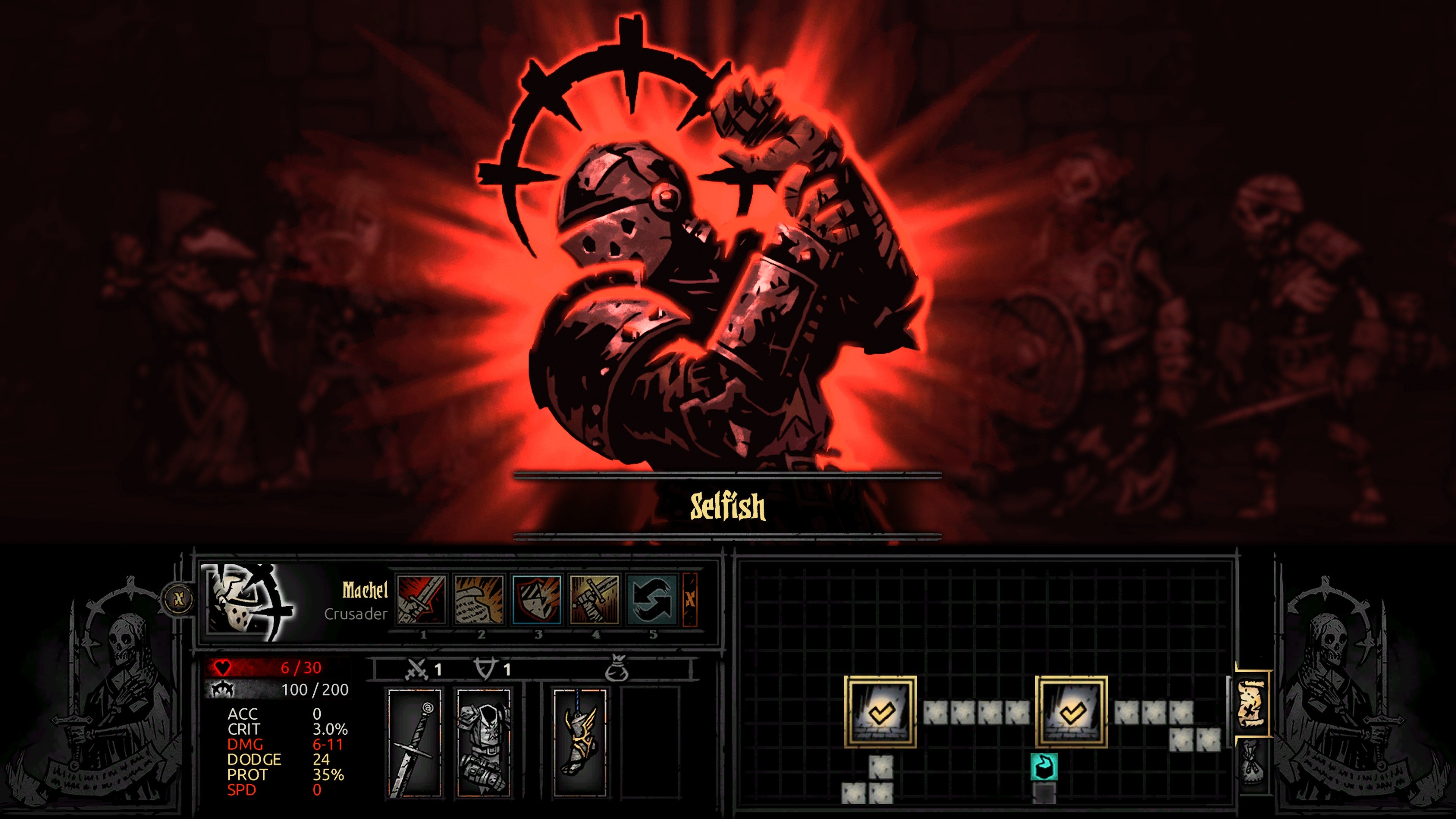A knight in armour surrounded by red light, in a posture of pain. They&rsquo;ve become overly stressed and gained an affliction in Darkest Dungeon. This character has become selfish, selfishly.