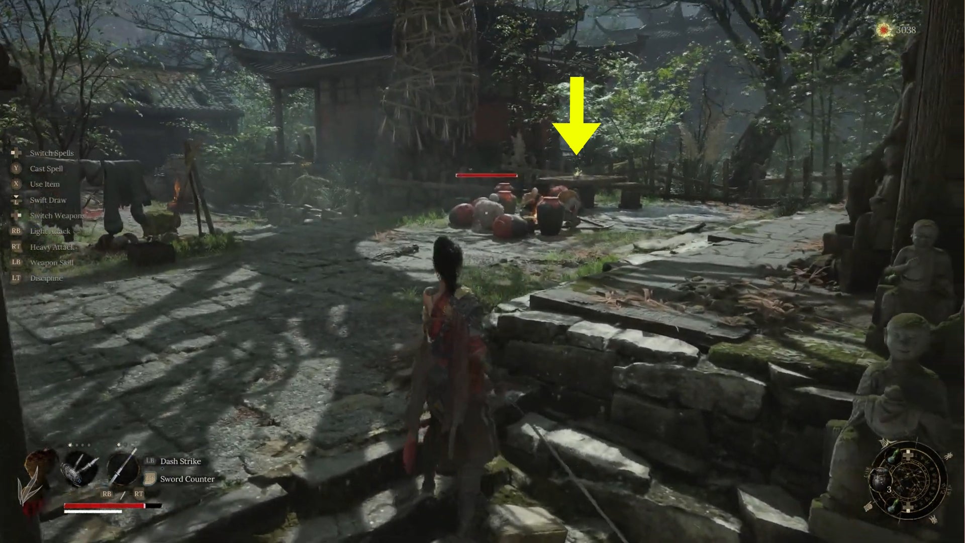 A yellow arrow points to Darkfrost Edge's location, a short distance away from a bunch of enemies hanging out around some fire pots in Wuchang Fallen Feathers. - 12