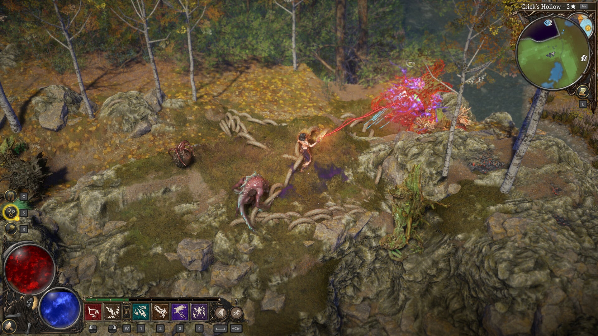 A forest area in Darkhaven, with the player character battling tree creatures who attack from a distance with rapidly growing roots.