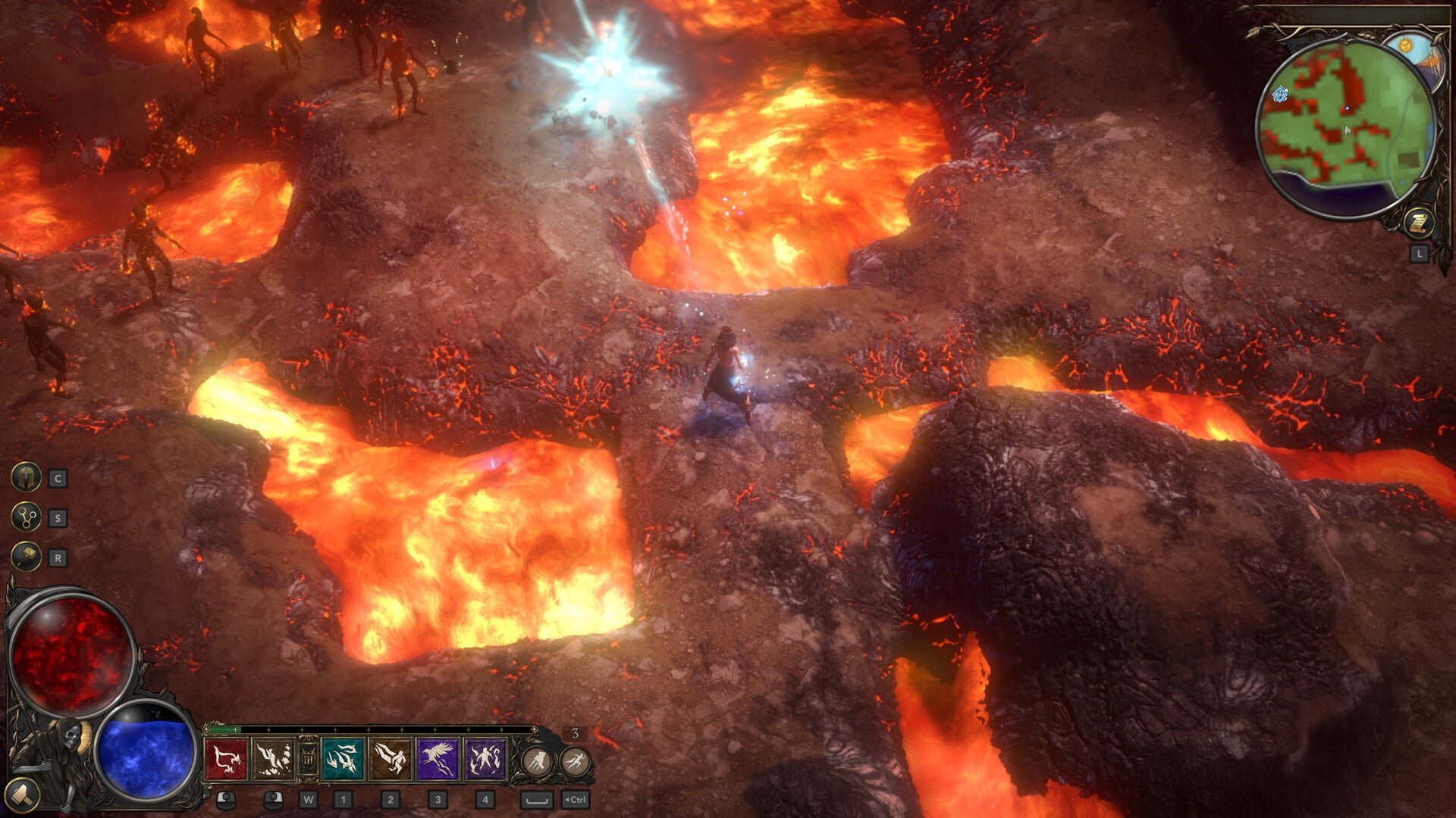 A volcanic area in Darkhaven, with pools of lava around the player.