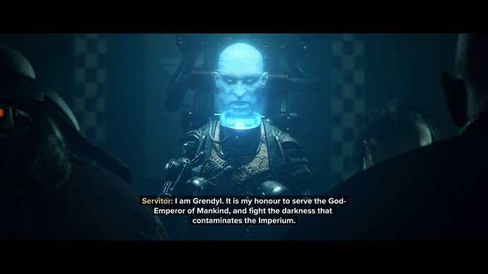 Darktide review - a cutscene with a holographic head on a mechanical body talking to you