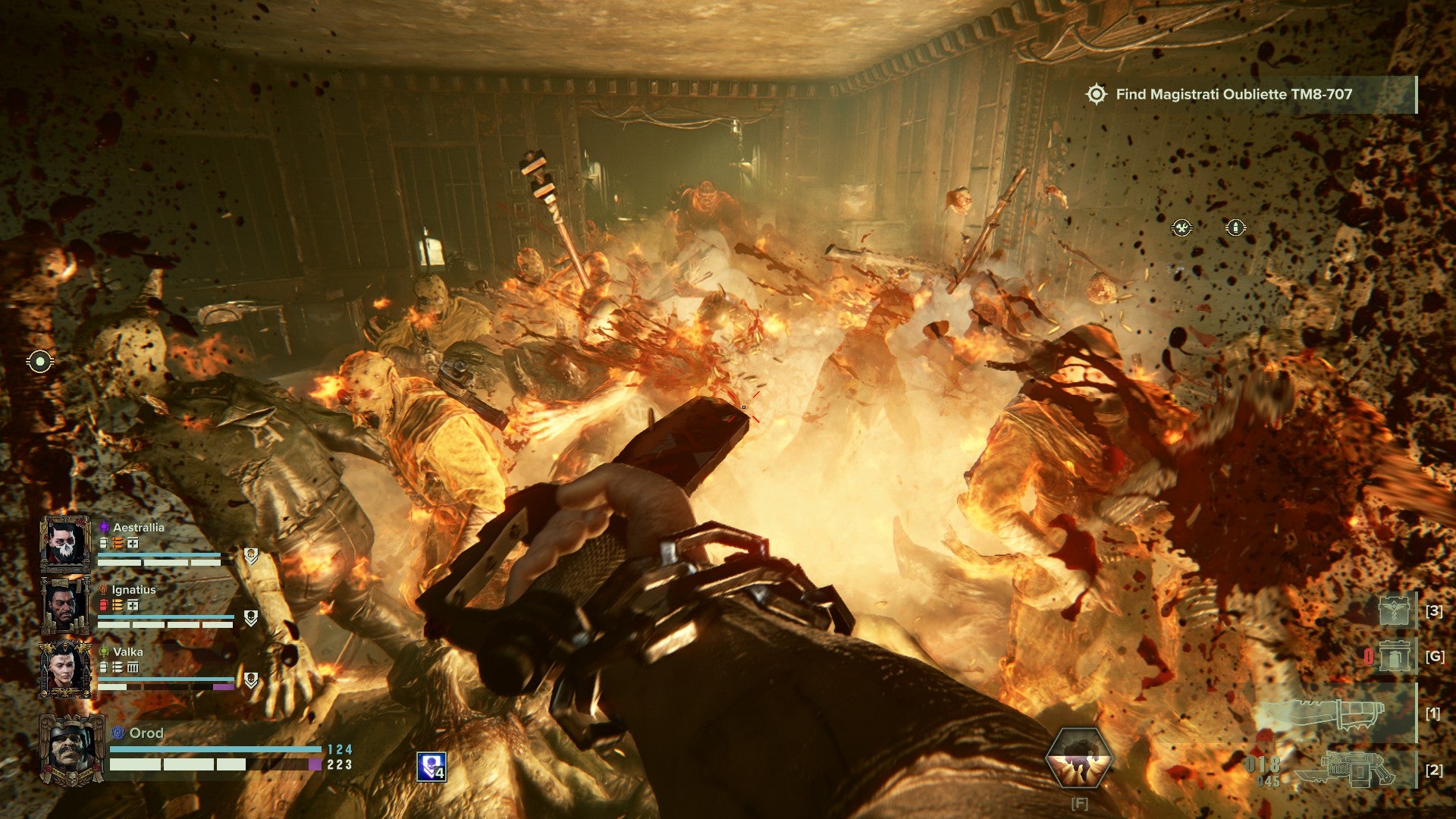 Darktide review - a vast horde in close quarters being killed by your knife and your ally&rsquo;s flamer