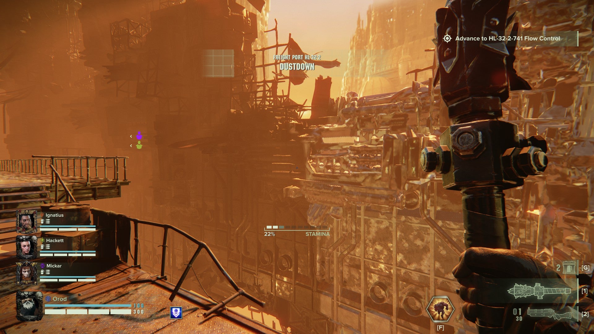 Darktide review - looking out over a rare exterior area in a mission, with a sandy yellow hue, holding a club