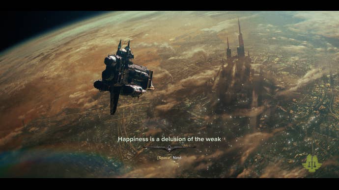 Darktide review - the familiar loading screen, with rotating 40k quotes. This one reads ‘Happiness is the delusion of the weak.'