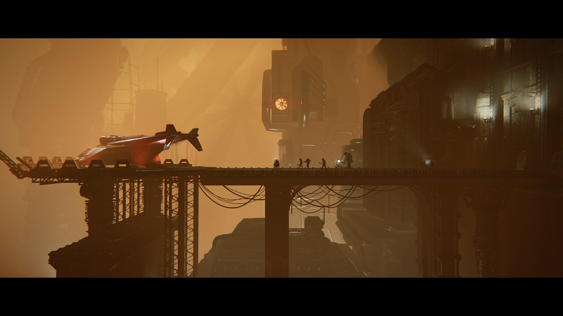 Darktide review - an end-of-mission cutscene as cahracters walk across a bridge to their ship, with a sandy yellow hue