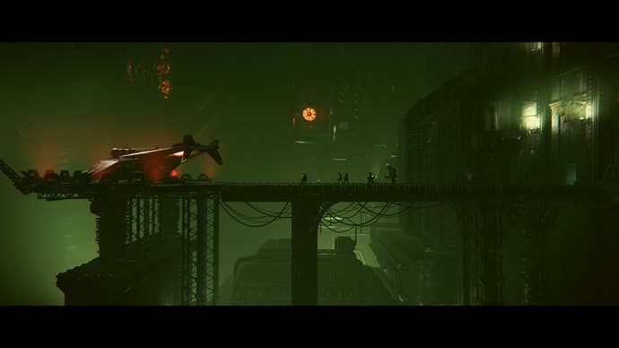 Darktide review - an end-of-mission cutscene as characters walk across a bridge to their ship, with a green hue