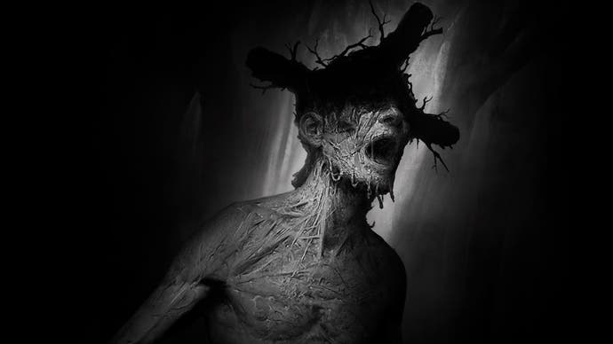 A disturbing, stark black and white illustration showing a screaming, emaciated man wearing a cross-like crown made of twigs.