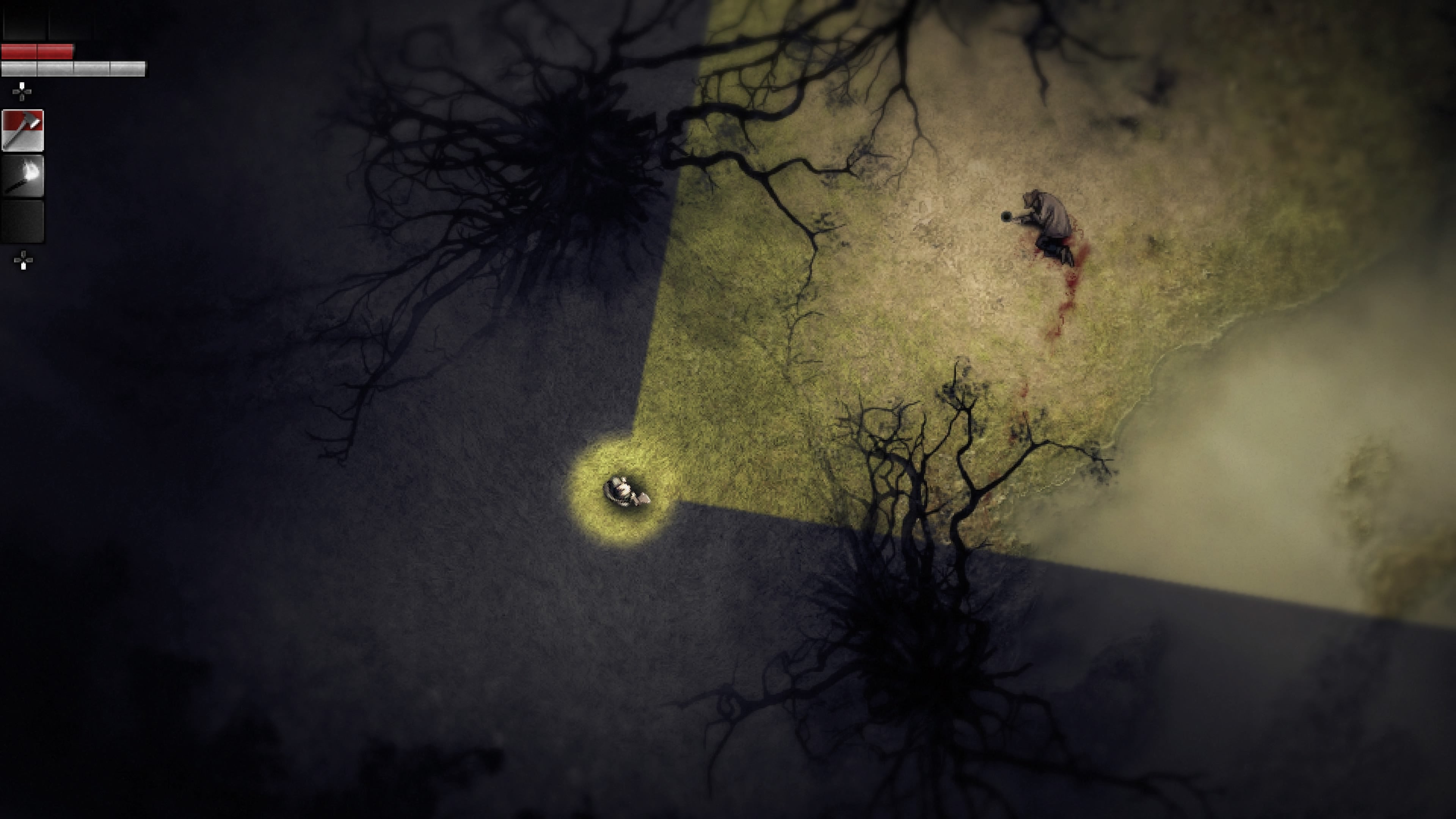 A top down image of a game, showing a dark and creepy forest. There&rsquo;s a cone of light from one character, illuminating another character on the ground. One character holds an axe. This isn&rsquo;t going to end well.