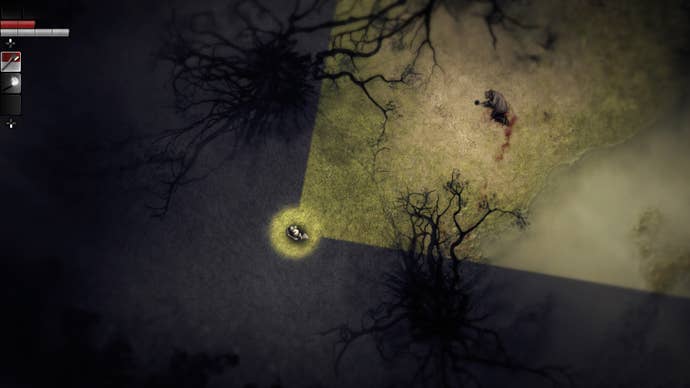 A top down image of a game, showing a dark and creepy forest. There’s a cone of light from one character, illuminating another character on the ground. One character holds an axe. This isn’t going to end well.