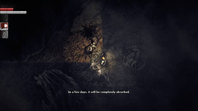 The protagonist of Darkwood examines, in torchlight, the body of a woman tied to a strange, worm-like growth coming out of the floor