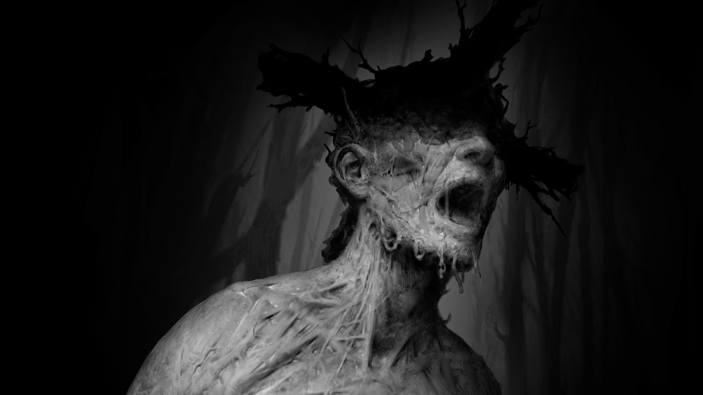 A greyscale image of a man in agony with something like a cross on his head. His skin appears to be melting. It&rsquo;s a distressing image. It&rsquo;s a horror game.