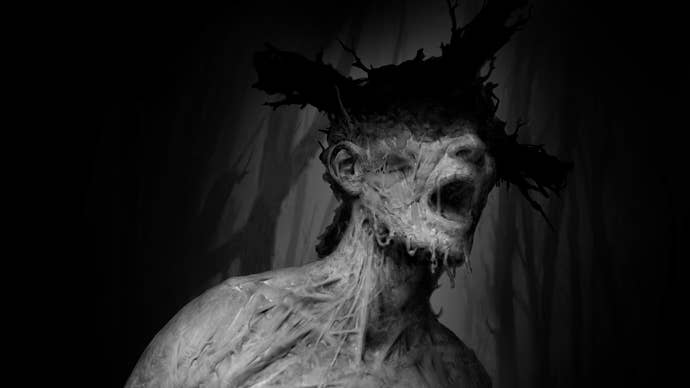 A greyscale image of a man in agony with something like a cross on his head. His skin appears to be melting. It’s a distressing image. It’s a horror game.
