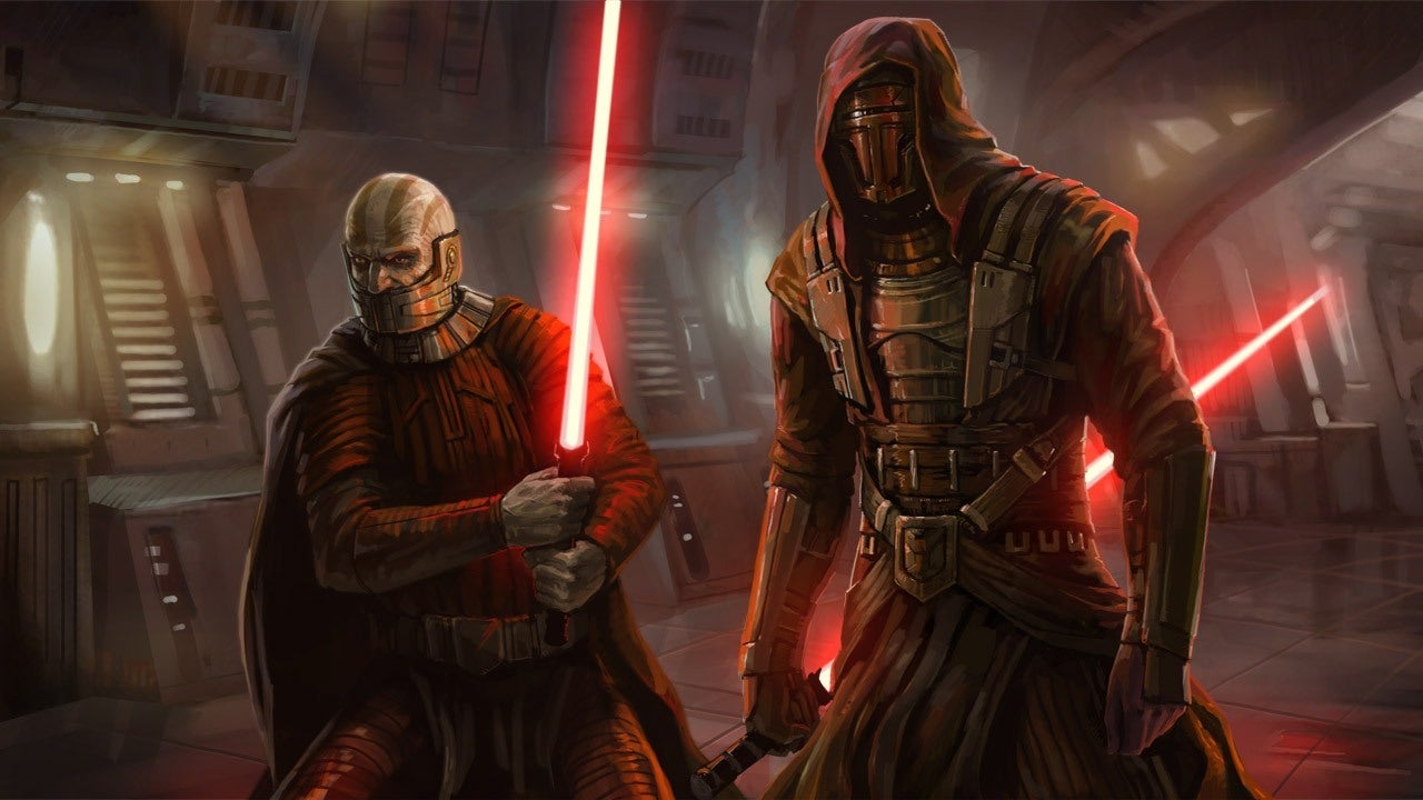 Two dark Jedi posed with red lightsabers, one with a pale bald exposed head, the other hooded and masked.