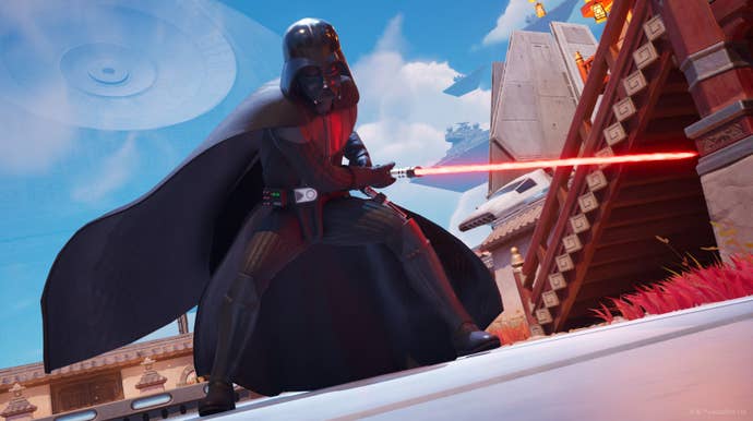 Darth Vader successful Fortnite, striking an onslaught airs with his reddish lightsaber
