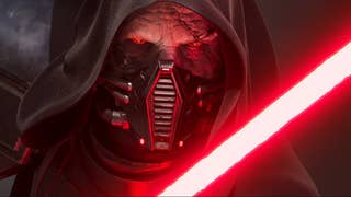Darth Malgus, Lightsaber fired up, lurches at the camera. It's a good job he's wearing a face mask because I bet his breath smells bad.