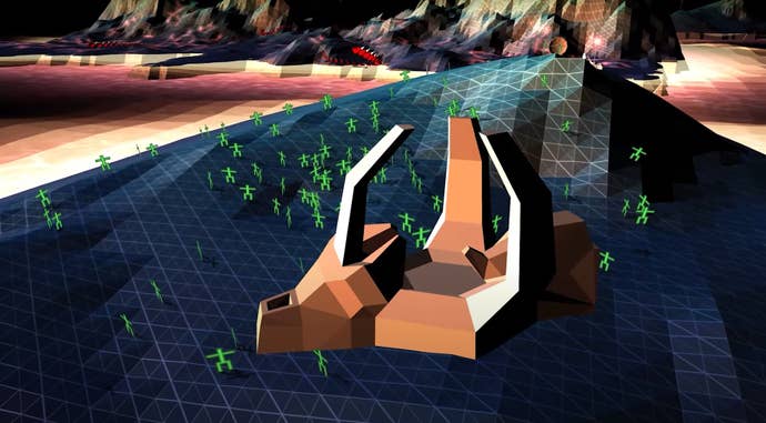 A screenshot of Darwinia’s 10,000th anniversary remaster, showing green, stickmen-like darwinians doddling around a polygonal landscape.