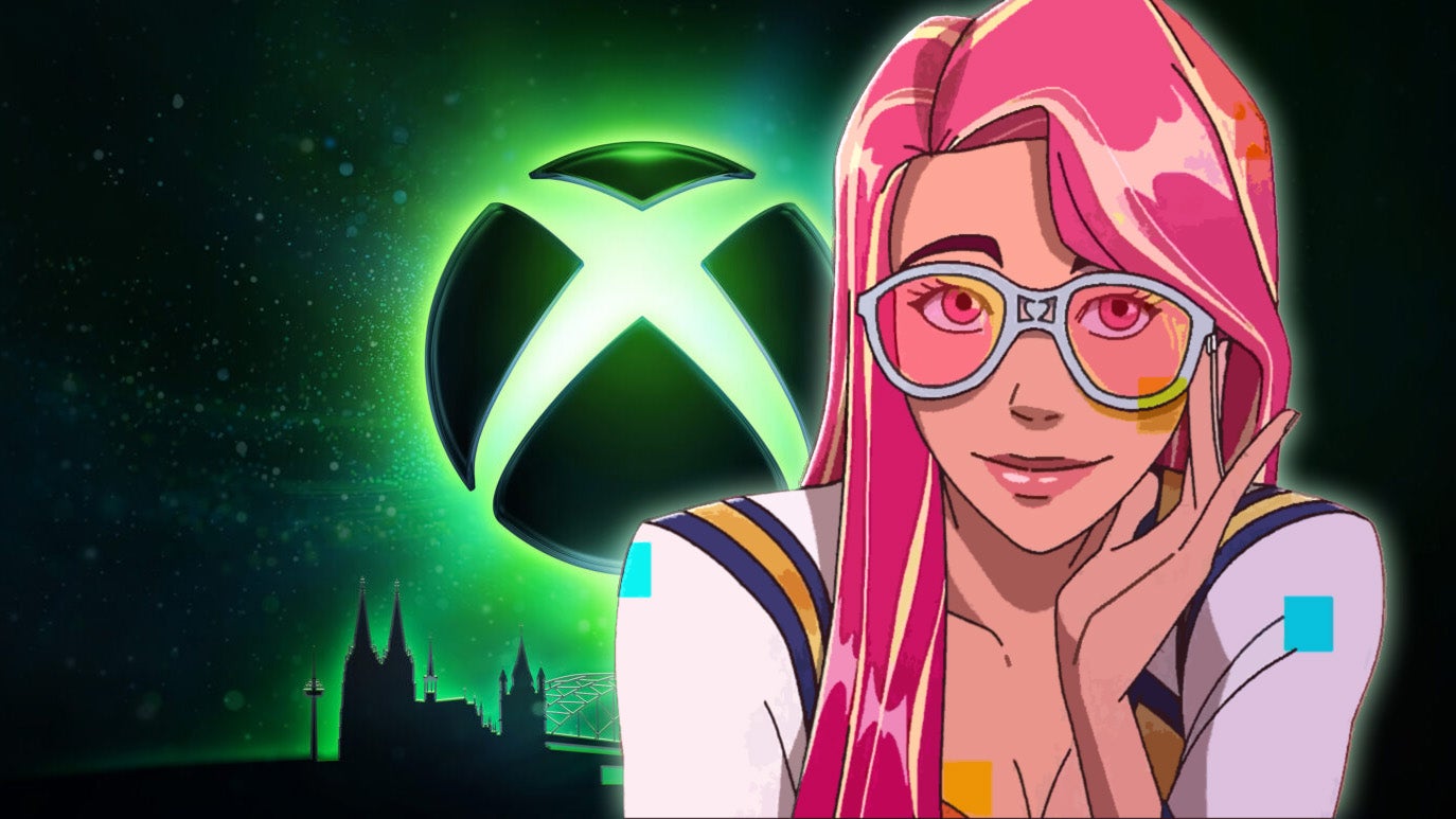 Một nhân vật nữ với mái tóc hồng và kính hồng nhìn vào camera, phía sau là logo Xbox phát sáng