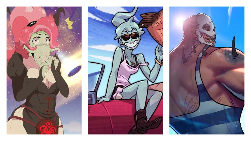 Three monsters you can date in 2022! Left to right: Ln’eta, the cute curvy Cthulhu lady from Sucker For Love: First Date; Polly, the sexy ghost girl from the Monster Prom series; and The Trapper, a gruesome killer from Dead By Daylight as he appears in Hooked On You.