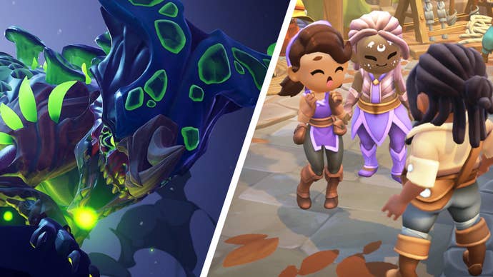 An image showing a threatening boss monster from Dauntless on the left and a scene from Fae Farm on the right featuring several characters conversing cheerily.