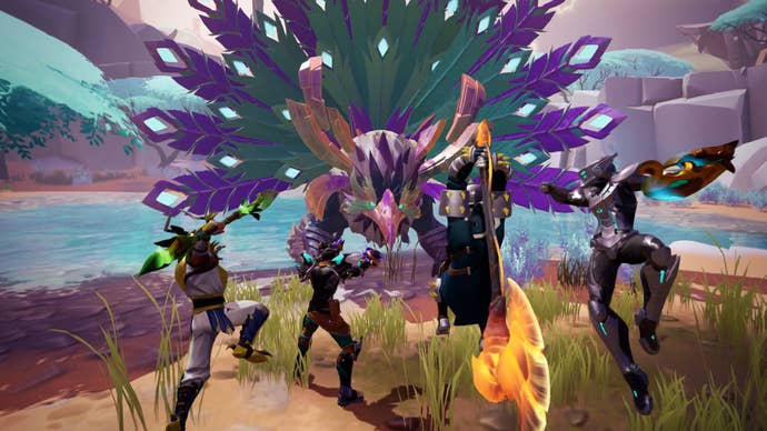 Four monster hunters attack a large peacock-style beast in unison.