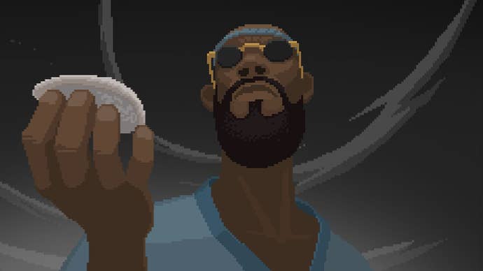 A Black antheral with a beard and circular sunglasses holds up a shellfish successful a cutscene successful Dave The Diver