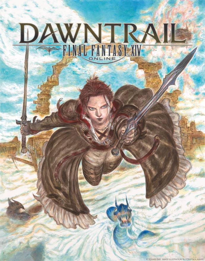 The key art for the Dawntrail Final Fantasy 14 expansion, featuing a character wielding two swords – a clear homage to FF3.