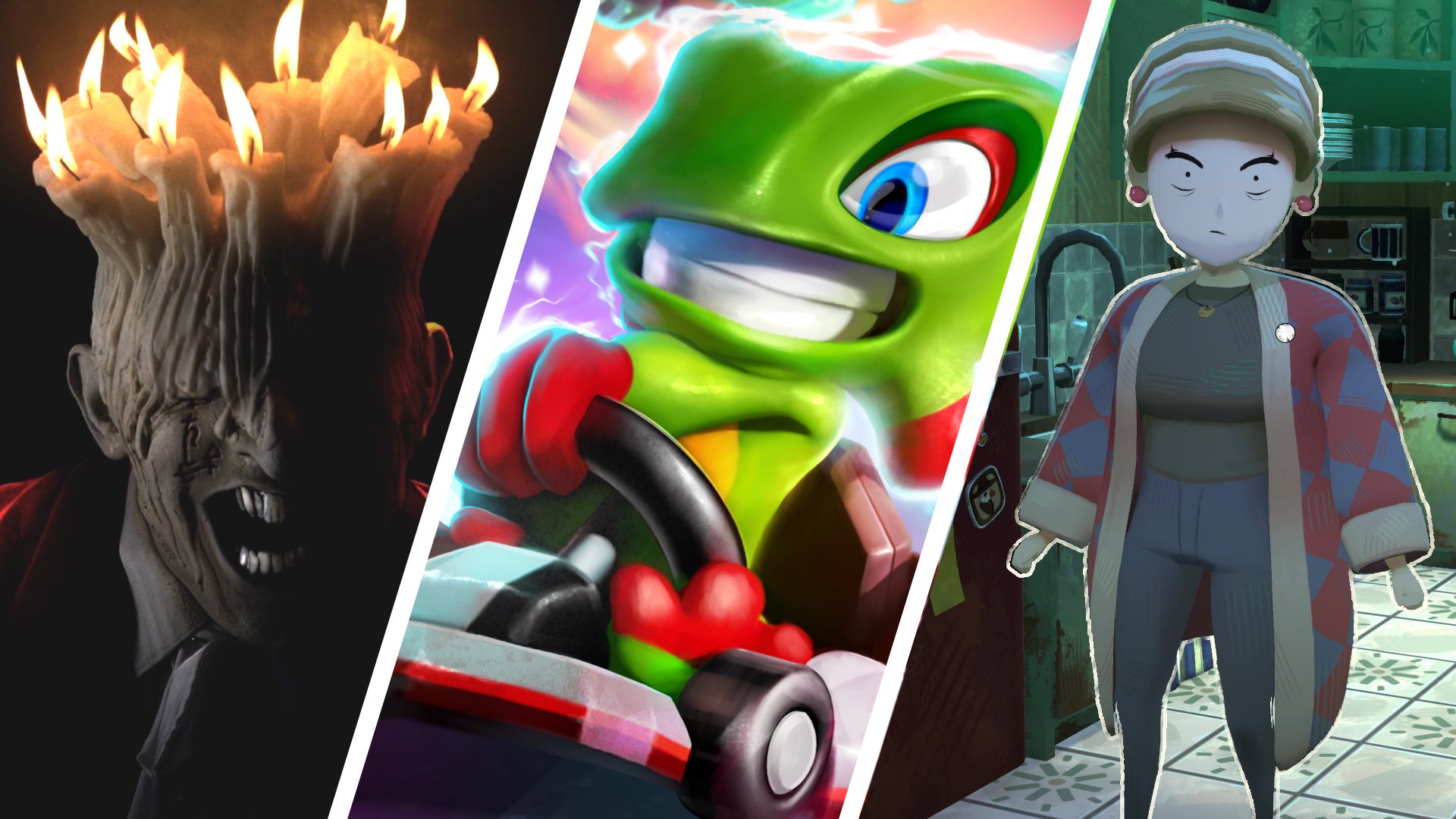 Composite image of games shown during Day of the Devs' big Summer Game Fest indie showcase, including Super Yooka-Laylee Kart and Apple Crumble.