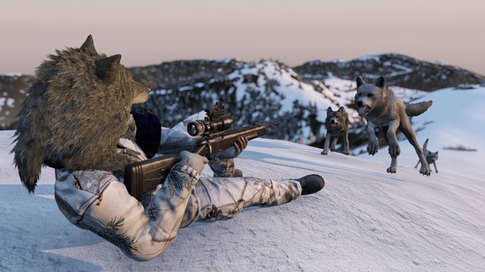 An image from DayZ's Frostline DLC that shows a player laying on a frosty peak fending off wolves with a rifle.