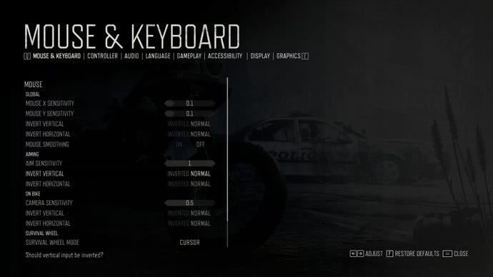 The mouse and keyboard settings menu from Days Gone