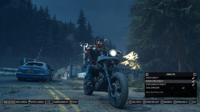 A screenshot of Days Gone’s photo mode showing Deacon’s bike visibility enabled