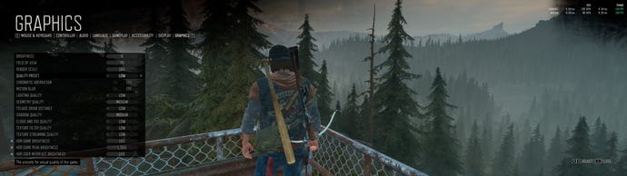 Days Gone’s PC graphics menu showing the game using the Low quality preset
