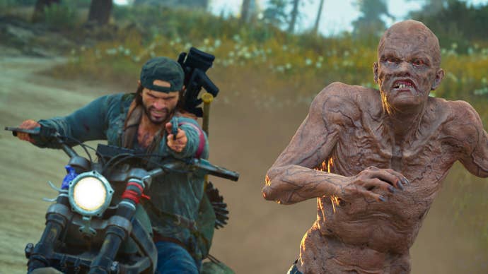 A antheral connected a motorbike aims his pistol astatine a zombie successful a Days Gone screenshot.
