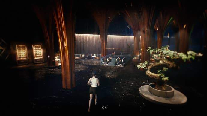 Tangerine Antarctica screenshot showing woman running through a hotel lobby