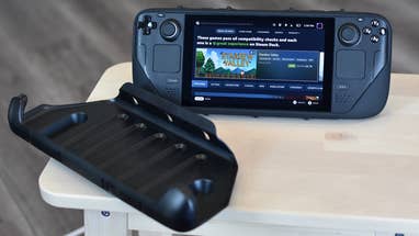 A Steam Deck wrong the Dbrand Project Killswitch Steam Deck case.