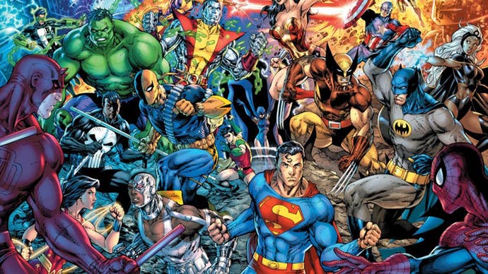 Numerous Marvel and DC characters like Superman, Batman, The Hulk, Captain America, Wolverine and more for a comic book cover.