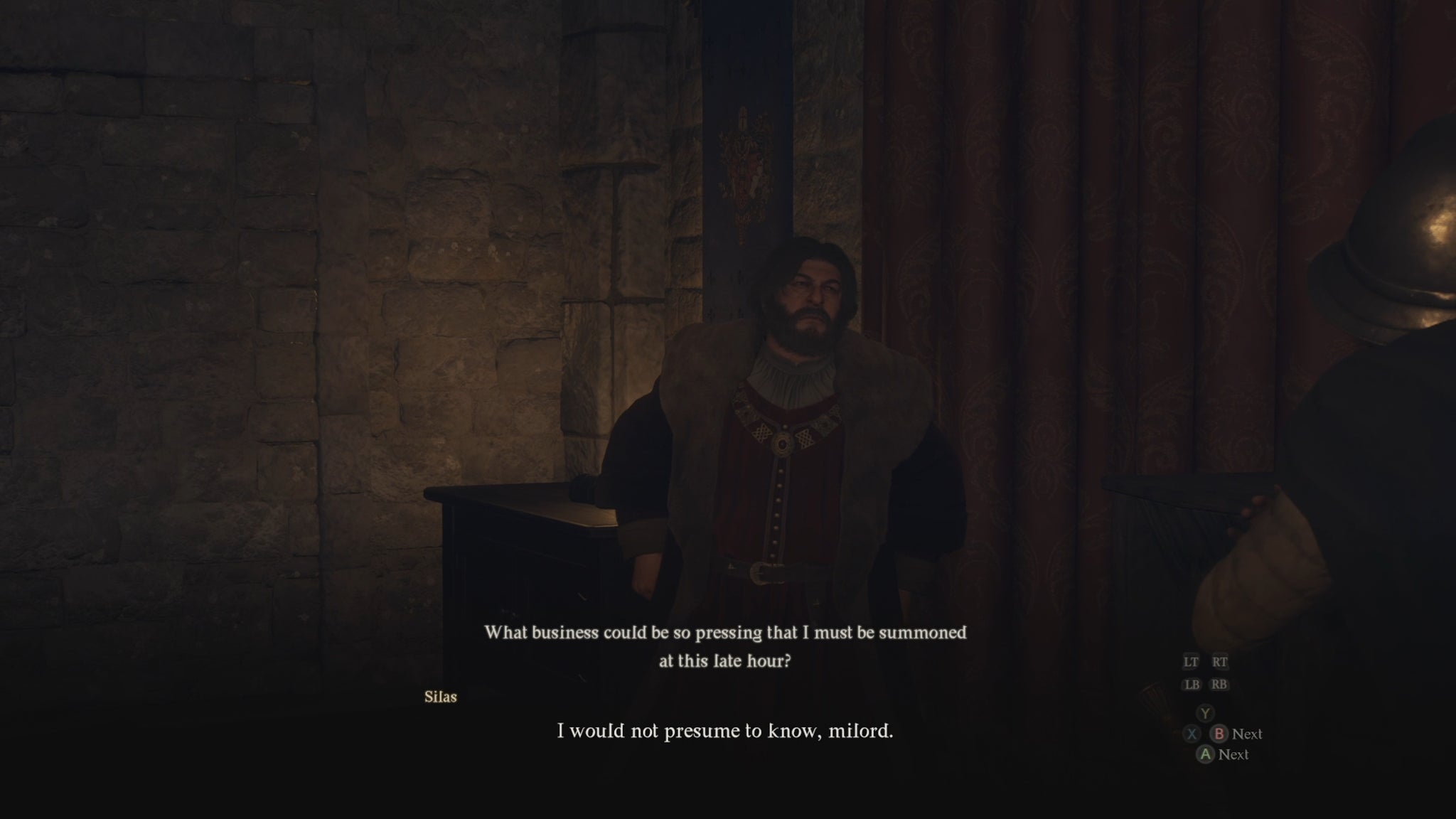 Allard, a character in Dragon's Dogma 2, speaks to a guard in his chambers. - 13