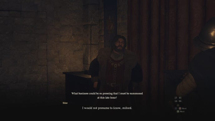 Allard, a character in Dragon's Dogma 2, speaks to a guard in his chambers.