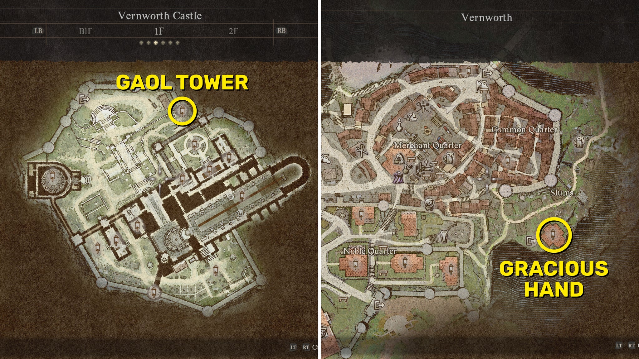 Side-by-side maps of Vernworth Castle and Vernworth city in Dragon's Dogma 2, with the locations of the Gaol Tower and the Gracious Hand annotated with yellow circles and text. - 5