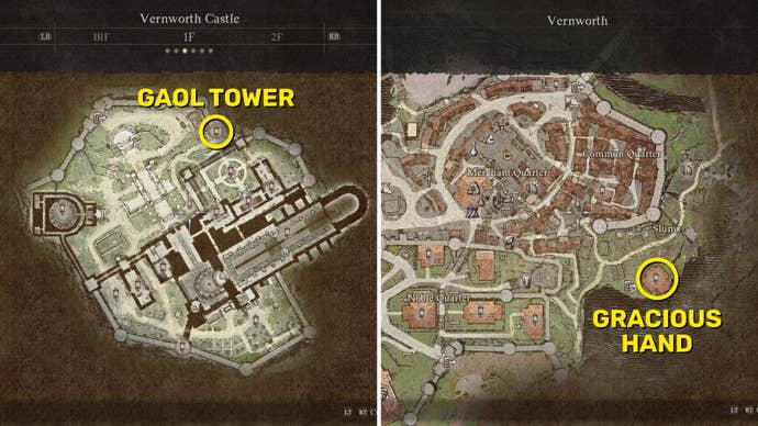 Side-by-side maps of Vernworth Castle and Vernworth city in Dragon’s Dogma 2, with the locations of the Gaol Tower and the Gracious Hand annotated with yellow circles and text.