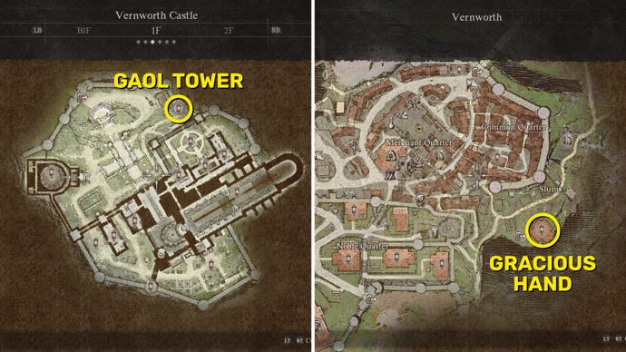Side-by-side maps of Vernworth Castle and Vernworth city in Dragon's Dogma 2, with the locations of the Gaol Tower and the Gracious Hand annotated with yellow circles and text.
