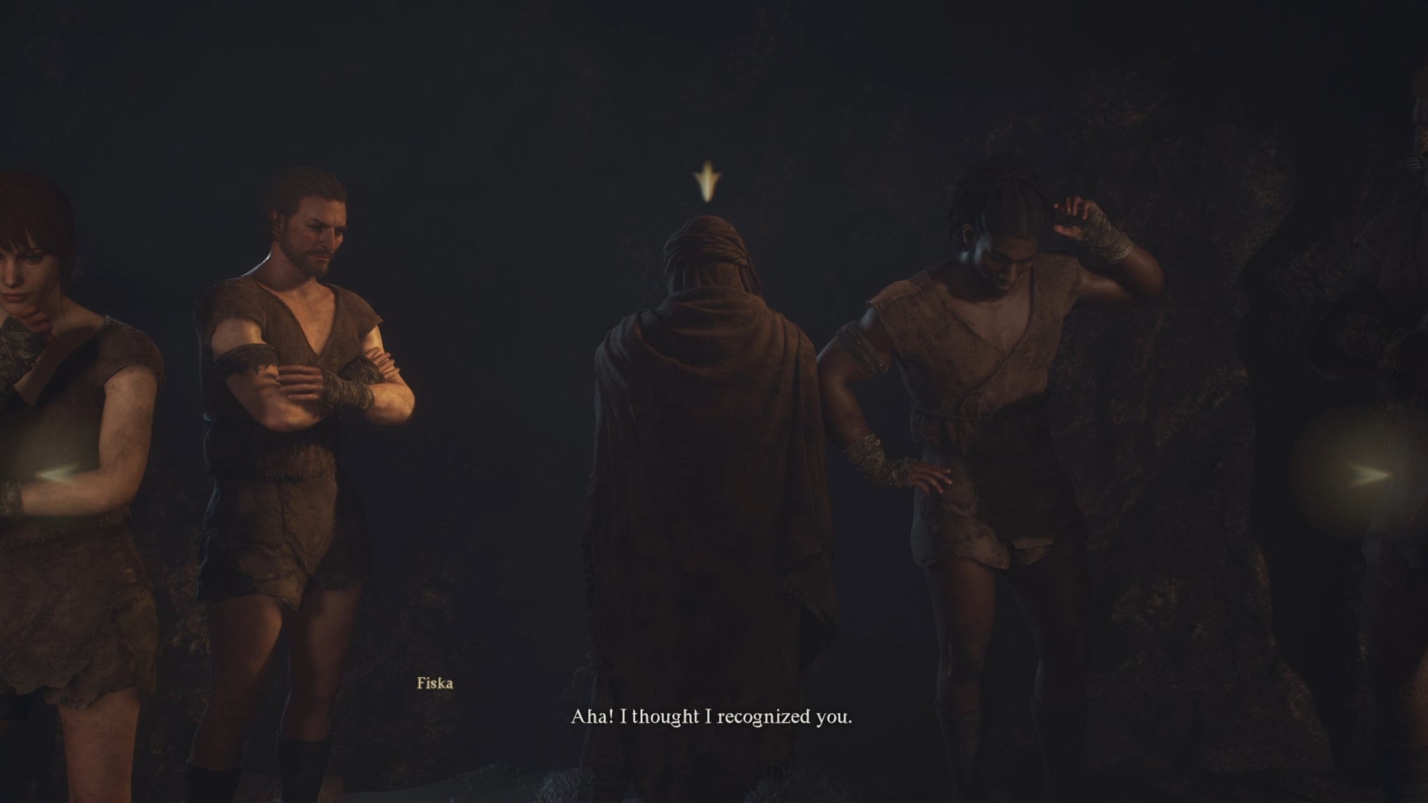 The character selection screen at the beginning of Dragon's Dogma 2, showing a line of prisoners in a jail cell, the central one cloaked and with their back turned to the camera. - 4