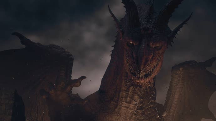 A close-up of a massive dragon in Dragon’s Dogma 2.