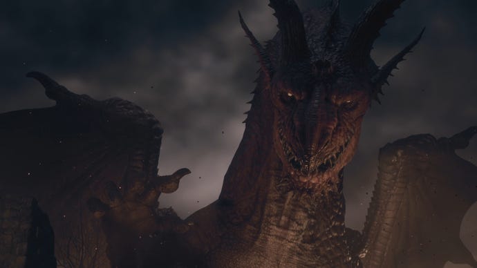 A close-up of a massive dragon in Dragon's Dogma 2.